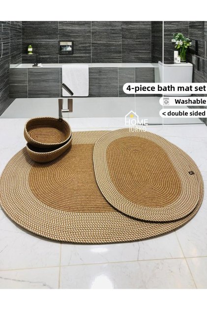 4-Piece Set Jute, Straw, Mat, Bath Mat, Bath Mat Set, and Bath Basket