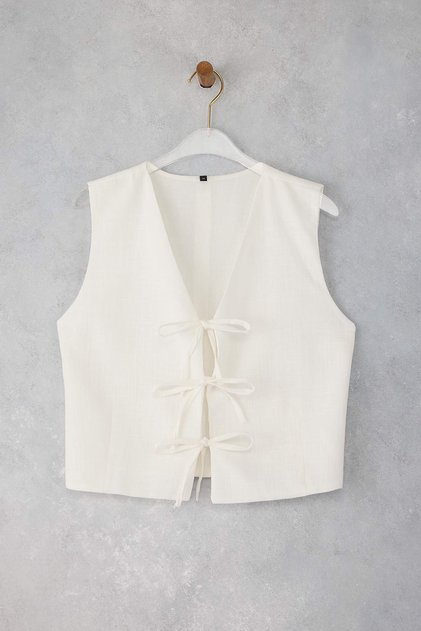 White Binding Detailed Linen Look Woven Vest Twoss25Ye00124