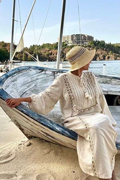 REVOLUTIONWEAR 100% Cotton Beige Dress with Seashell Detail- Trendyol