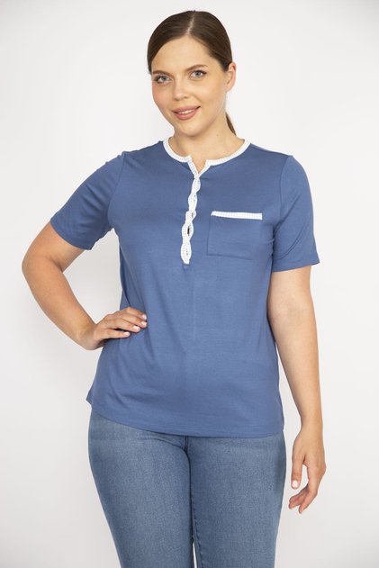 Women's Blue Plus Size Front Placket Buttoned Peto Pocket Short Sleeve Blouse 65n36647