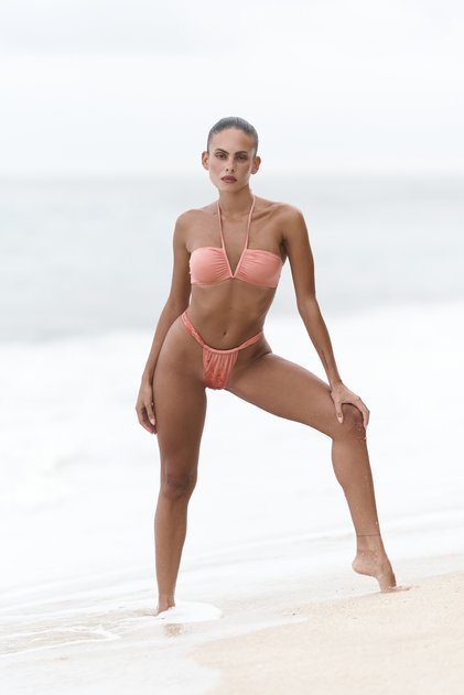Flower Gather Detail Thick Band Salmon Bikini Bottom