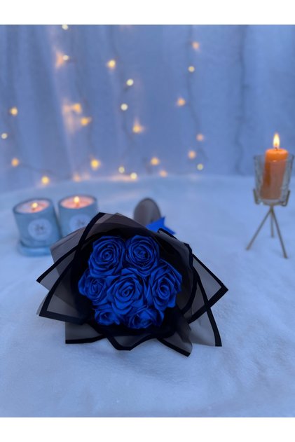 Saten Buket Yapay Gül buketi Anne VE Sevgiliye Hediye Dogum Gunu Hediyesi 7 Lİ (MAVİ)
