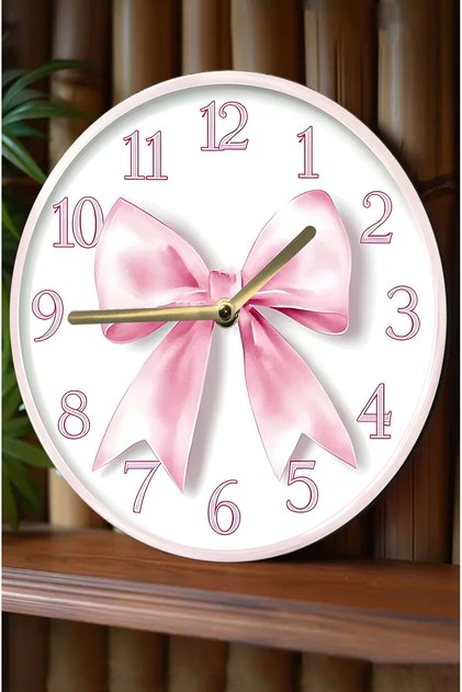 🎀 Pembe Kurdele Temalı 3D Görünümlü MDF Duvar Saati – 33 cm SDW309