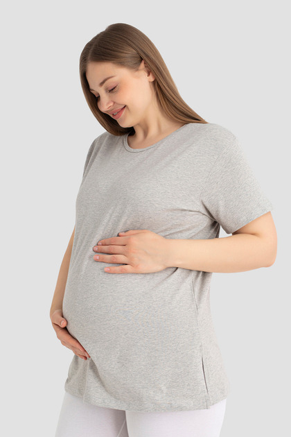 Cotton Lycra Gray Short Sleeve Maternity T-Shirt Comfortable and Breathable Maternity Clothing