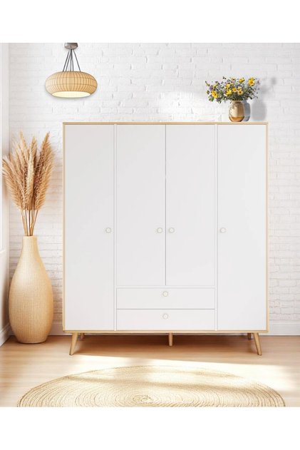 Tema 4 Kapaklı Çekmeceli Dolap –Elbise Dolabı | İskandinav Tasarım, Kahverengi 160 cm
