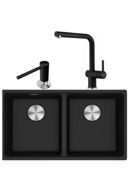 MRG 120-35-35 Nero Granit Eviye + Active Plus Doccia 2.0 Nero Spiralli Mutfak Bataryası + Comfort Nero Sıvı Sabunluk Seti