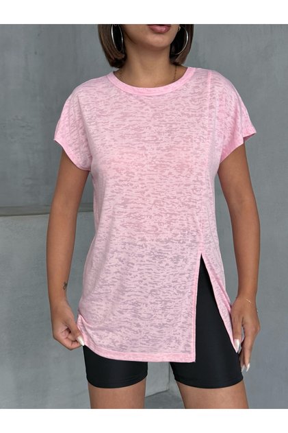 Soft Textured T-Shirt with Side Slits Pink Missts2522