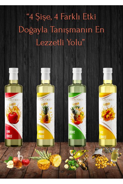 4'LÜ TANIŞMA PAKETİ (ELMA-ANANAS-DETOKS-ALIÇ) DOĞAL FERMANTASYON KATKISIZ İÇİLEBİLİR SİRKE 4X500ML