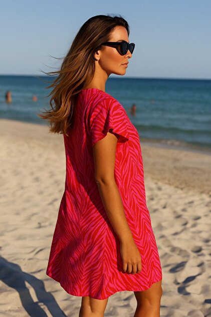 Rich Women's Fuchsia Zebra Print Oversized Beach Dress - V Neck Relaxed Fit  Summer Pareo Dress- Trendyol