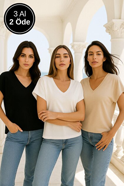 Women's 3 Pack Black-White-Beige Viscose Front Back V-Neck T-Shirt Bat Sleeve Relaxed Blouse