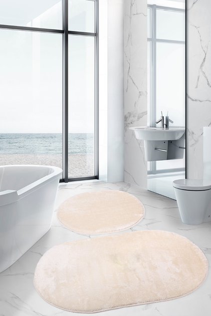 Lunasoft Cream Oval Modern Soft Machine Washable Non-Slip Luxury 2-Piece Bathroom Mat Set