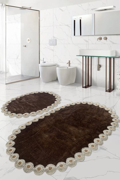 Dorella Brown French Lace Luxury Soft Washable Double Oval Bath Mat Set