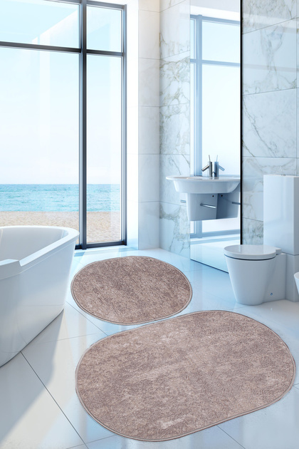 Lunessa Brown Oval Nordic Pattern Soft Non-Slip Machine Washable Bath Mat Set of 2