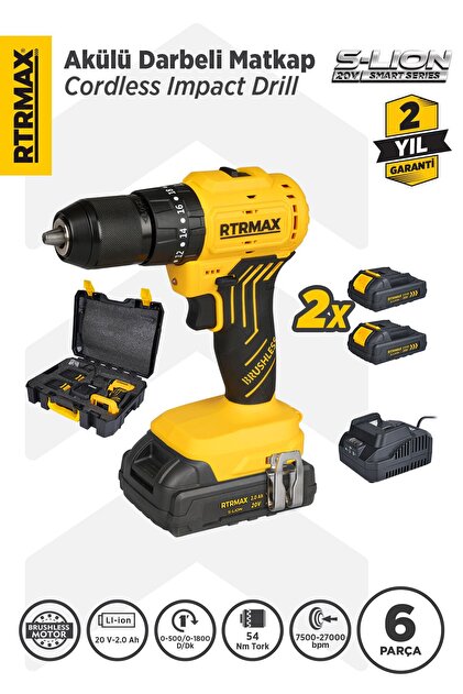 Rtrmax Rts5012 Şarjlı Darbeli Matkap Kömürsüz 54 Nm 2x2 Ah 20v