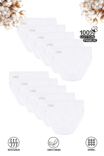 Özkan 0840 10'lu Paket Kız Çocuk %100 Pamuklu Ribana Esnek Rahat Taş Detaylı Slip Külot