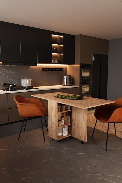 DF01107AC Pratik, Katlanır, Açılır Kapanır, Çam 3 Raflı 3 Çekmeceli Mutfak, Yemek, Çalışma Masası