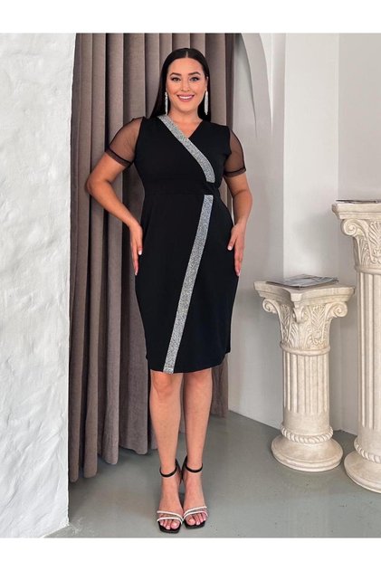 Rochie de seară elastică pentru femei, mărime mare, cu rever dublu, mânecă din tul cu dungi sclipicioase, lungime midi, 24085 negru