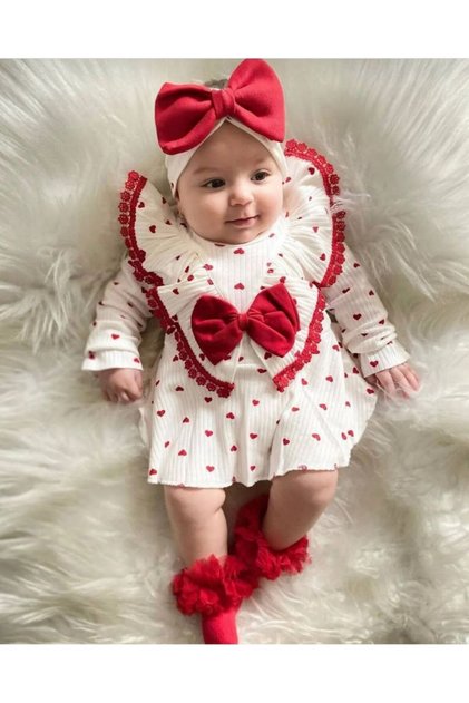 Red Lace Bow Girl's Romper Set Ecru-red