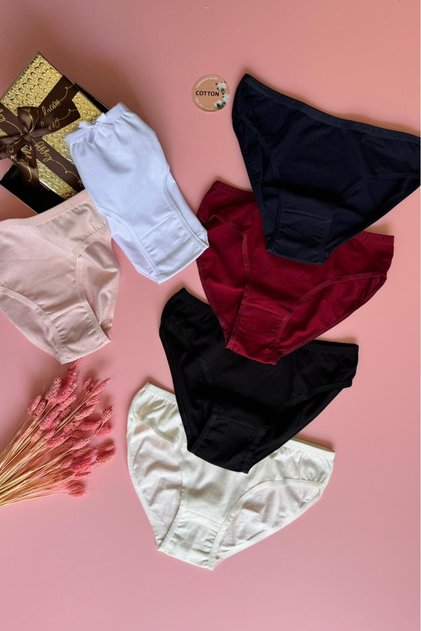 Cotton |   6-Piece Black, White, Ecru, Navy Blue, Burgundy and Pink Color Women's Panties (Box Accessory)