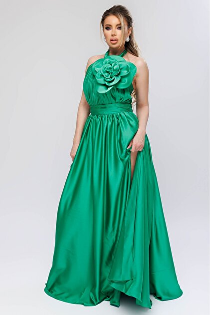 Atmosphere Fashion Long green satin dress with brooch
