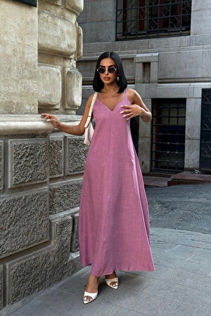 World Fashion Trends 8088 Green Linen Look Fabric Long Dress with  Adjustable Straps- Trendyol