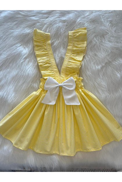 Girl's Yellow Pork White Bow Ruffle Strap Salopet Dress (100% Cotton Fabric)