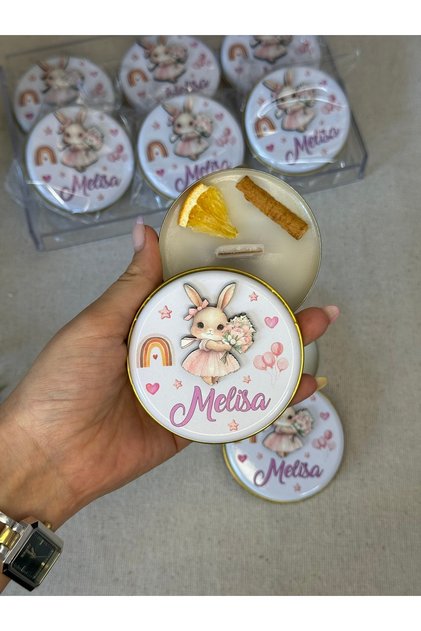 Kabartmalı 3 Boyutlu İsimli Yeni doğan Bebek Mevlid Hediyelik Mum-Çiçekli Tavşanlı-Toplam 10 Adet