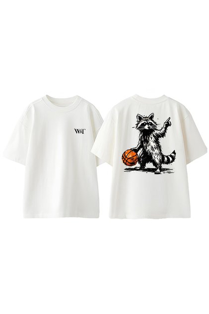 Basketball Raccoon Design Back Printed Cotton White Oversize T-Shirt