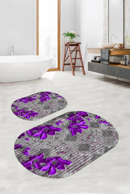 Digital Non-Slip Base Washable Floral Oval Bath Mat Set of 2 Toilet Seat Covers