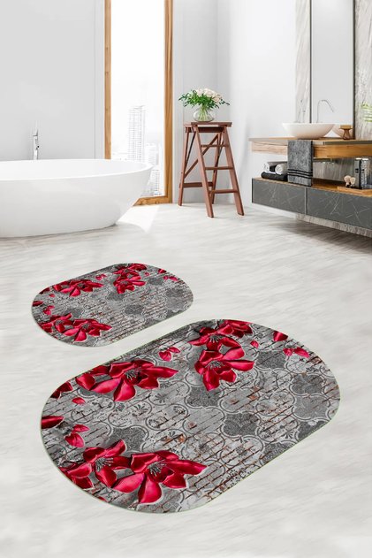 Digital Non-Slip Base Washable Floral Oval Bath Mat Set of 2 Toilet Seat Covers