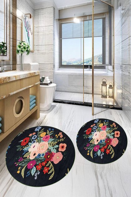 Digital Washable Flower Pattern Round Bath Mat Set of 2 Toilet Seat Covers