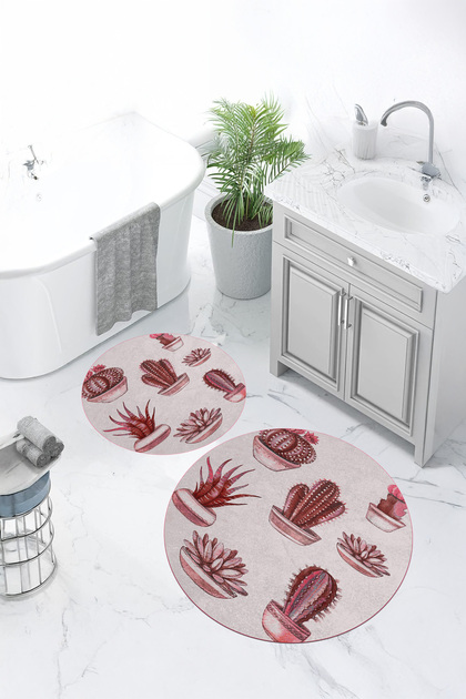 Printed Washable Cactus Pattern Round Bath Mat Set of 2 Toilet Seat Covers