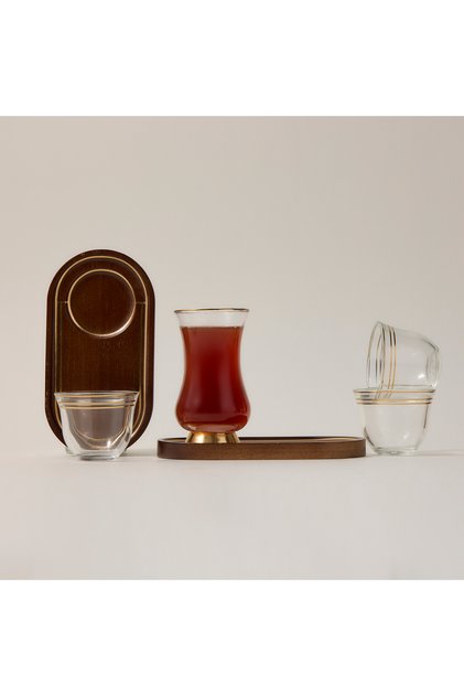 wood and glass Tea and coffee cups set 18 pcs