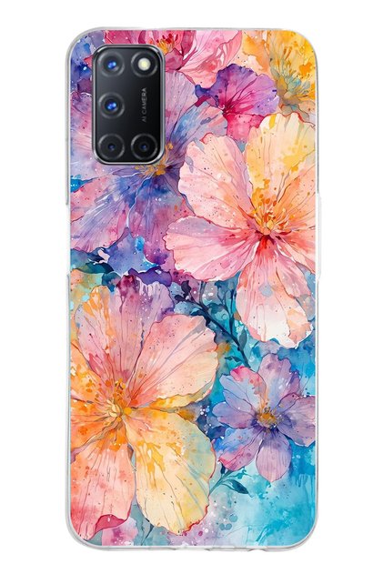Oppo A52 - A72 - A92 Compatible Colorful Flowers Watercolor Transparent Silicone Case