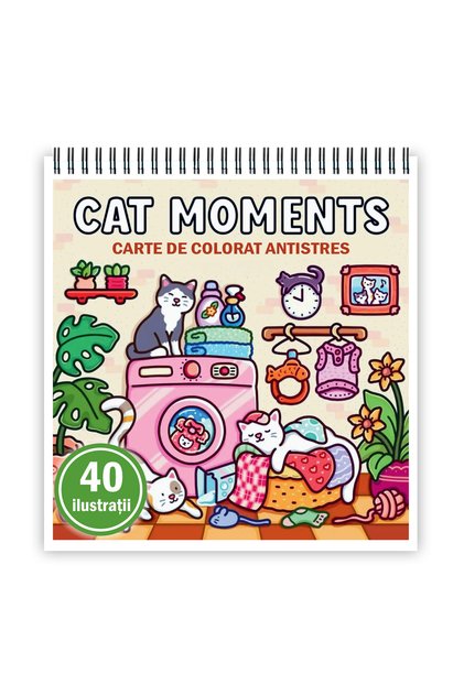 Mini carte de colorat, 40 de ilustrații cu Momente Pisici, 86 de pagini