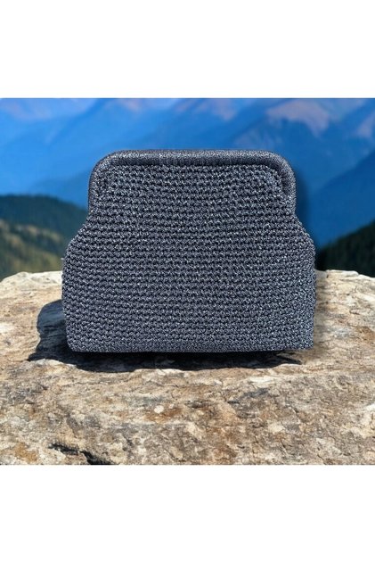 Kadın Handmade Denim Renk Simli İp Örme Burslu Çanta