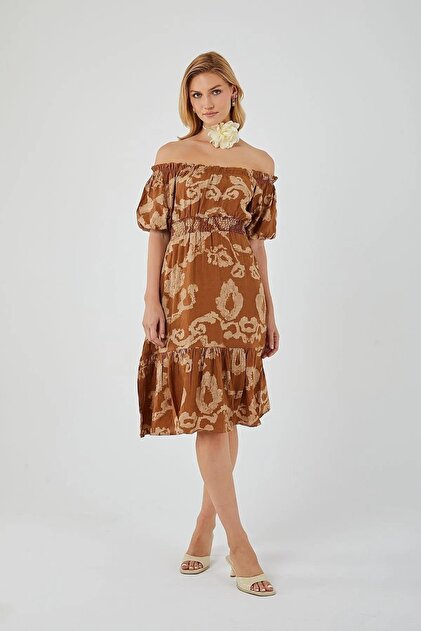 Mixray 4313 Women's Patterned Balloon Sleeve Dress Brown- Trendyol