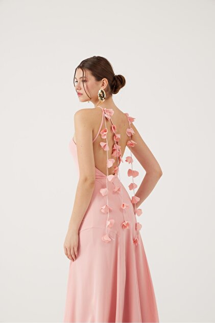 HOLLY LOLLY Long Raina Dress with Leaf Detail on Straps Pink- Trendyol