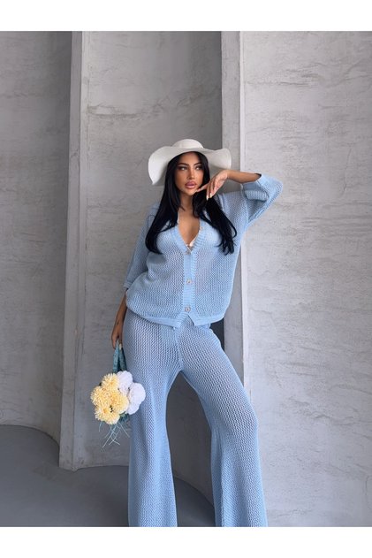 Women's Beach Outfit: Openwork Blouse and Pants Set