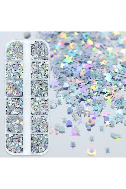 Holografik Gümüş Tırnak Süsleme Folyo Pulları Karışık Dizayn Kelebek Kalp Harfler Yıldızlar Nail Art