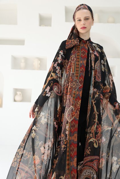 SAHRA Şal Desenli Renkli İpek Şifon Kaftan Bone Takım