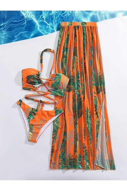Patterned Bikini Set with Skirt