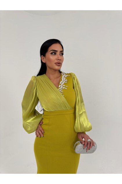 Women's Wrap Dress with Sequin Details, Sleeves and Crossover Chiffon Full Length Evening Gown