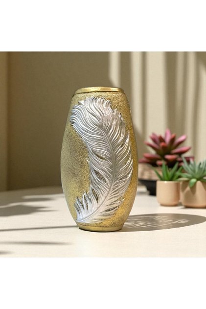 Kabartma Yaprak Desenli Gold Polyester Vazo 35 cm