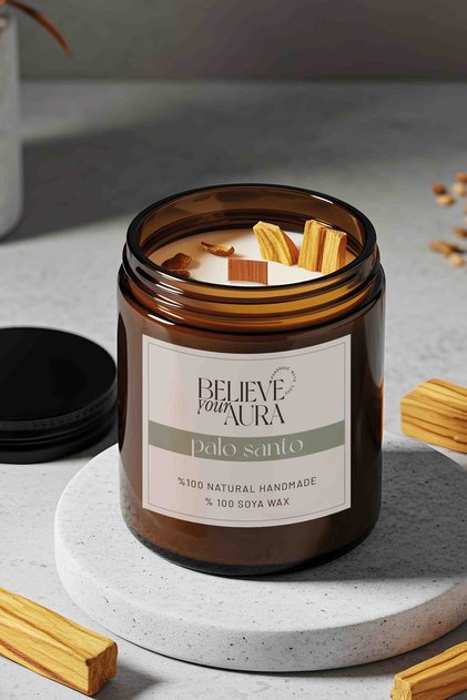 Sandal Ağacı Kokulu Doğal Soya Mumu - Palo Santo Tütsü Dekorlu Ahşap Fitilli Kavanoz Mum - 240 cc