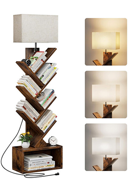 6-Tier Floor Lamp with Bookshelf, Solid Wood LED Standing Lamp with Storage Shelves, Multifunctional Display Shelf with Warm Light, Modern Tree Branch Design Bookcase for Living Room Bedroom