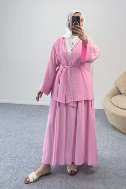 Kimono Blouse with Belted Stone Detail and Long Skirt Double Set 8866 - Pink