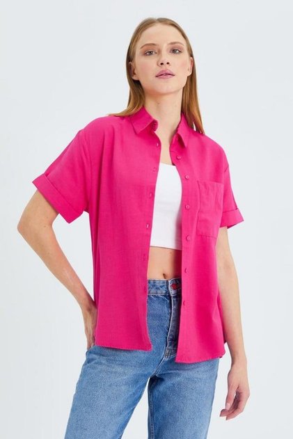 3950 Women's Oxford Short Sleeve Basic Shirt Fuchsia