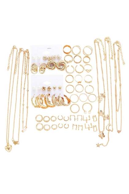 Gold Color Multi-Piece Jewelry Set Alloy Rings, Earrings & Necklaces Assorted Sizes & Styles