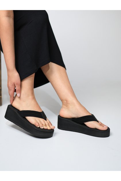 Velvet High Platform Heel Black Women's Flip Flops Beach Slippers (6.0) cm